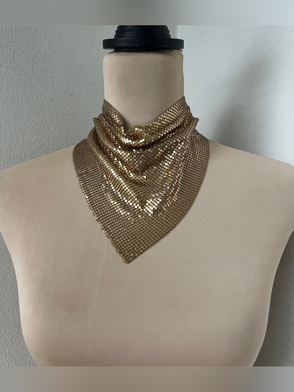 Vintage mesh bib Gold plated Brass Metal Scarf Necklace w/ snap closure 16”